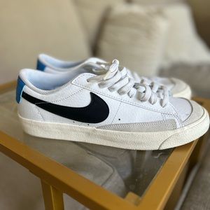 White Nike Blazer low top with blue-worn for one event
